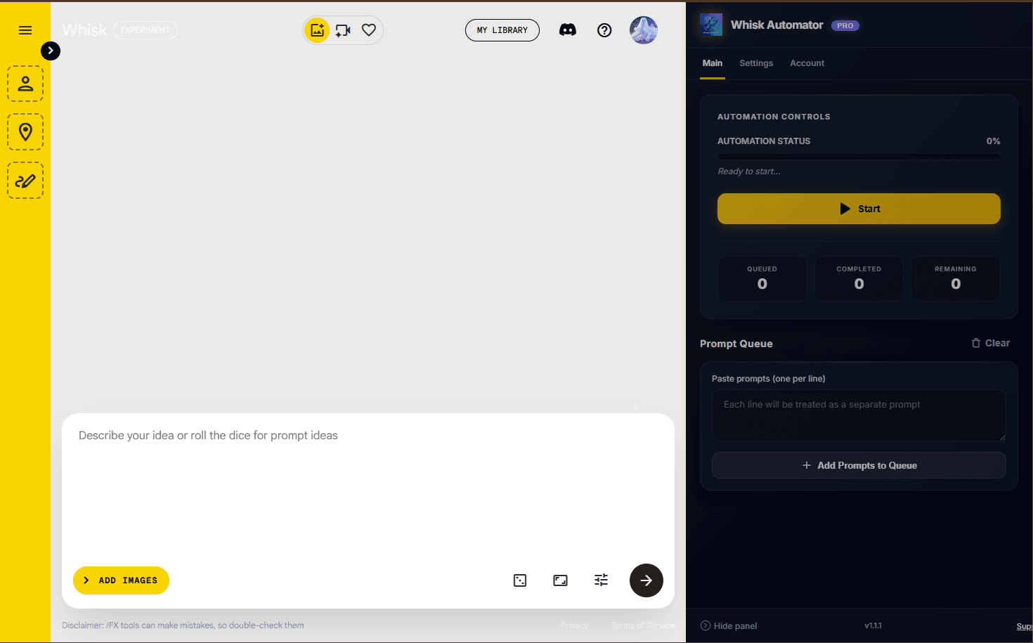 Whisk Automate Chrome Extension Dashboard - Bulk AI Image Generation Tool